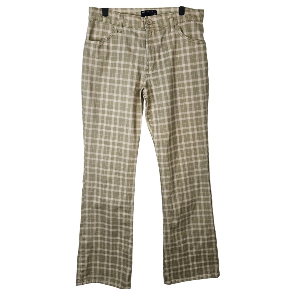 ASOS DESIGN Puddle Flare Sage Check Women Green Plaid Pants Sz US 8 100% Cotton